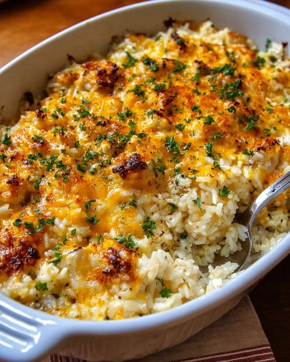 Pioneer Woman Chicken Rice Casserole served on a plate with fresh herbs.