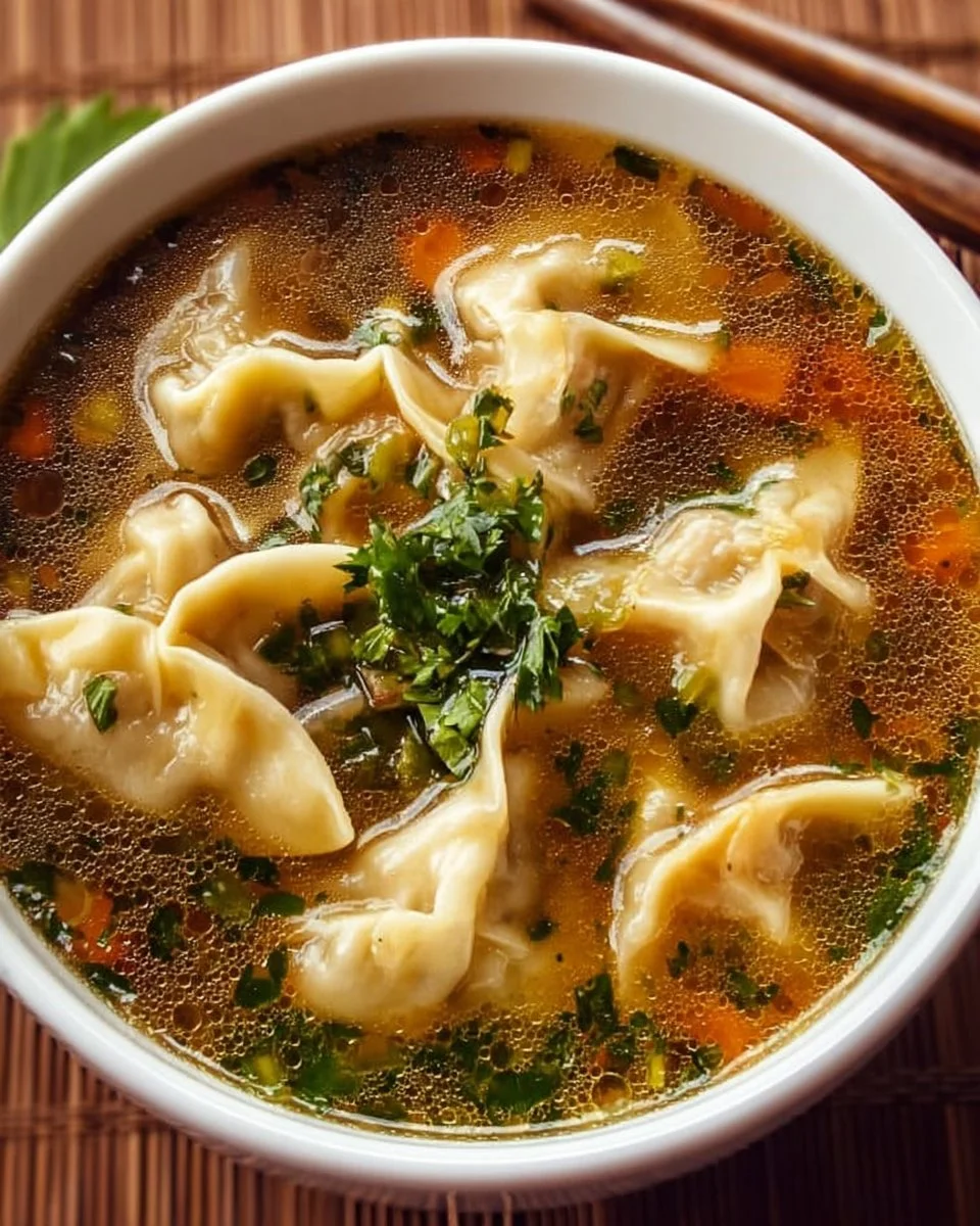 A bowl of steaming potsticker soup with dumplings and fresh herbs