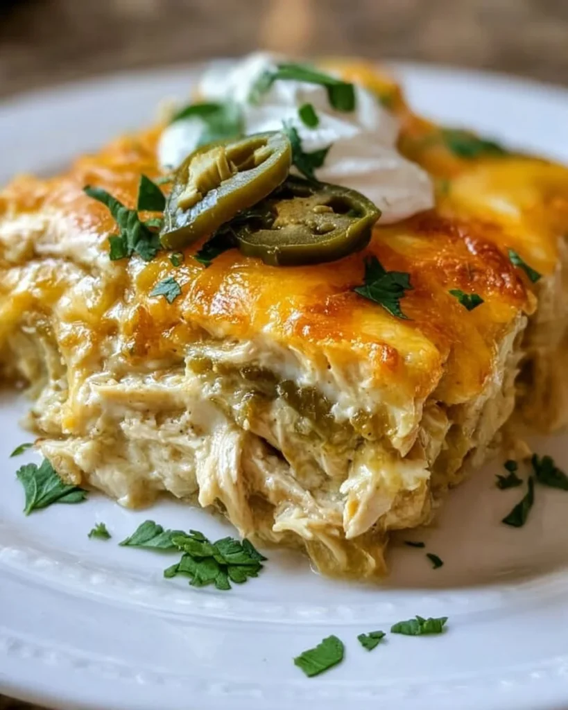 Delicious green chile chicken enchilada casserole served on a plate
