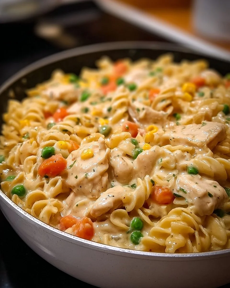Quick Chicken Pot Pie Pasta 1 Delicious bowl of quick chicken pot pie pasta topped with herbs.