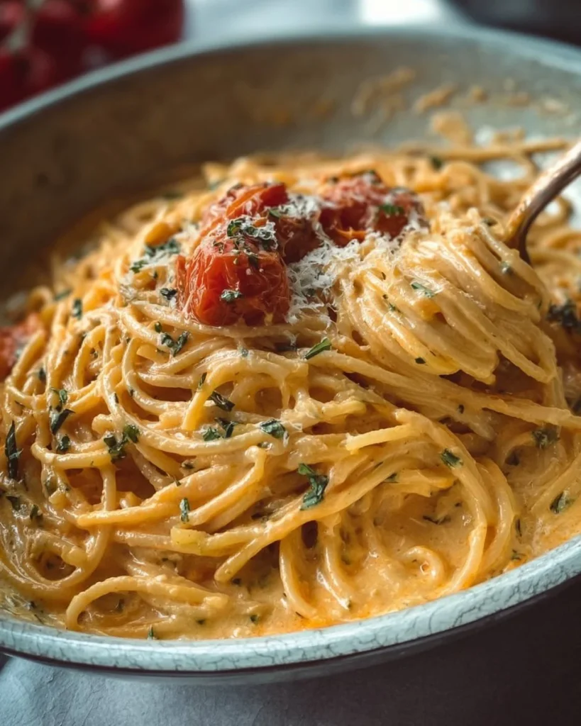 Roasted Tomato and Garlic Ricotta Pasta topped with fresh herbs