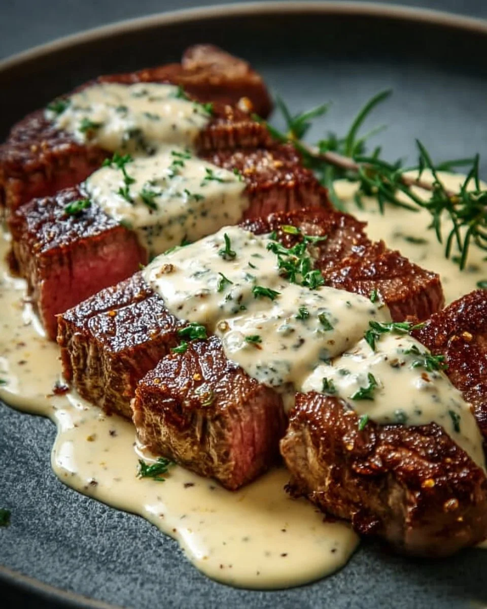 Seared steak plated with creamy garlic sauce and garnished with herbs.