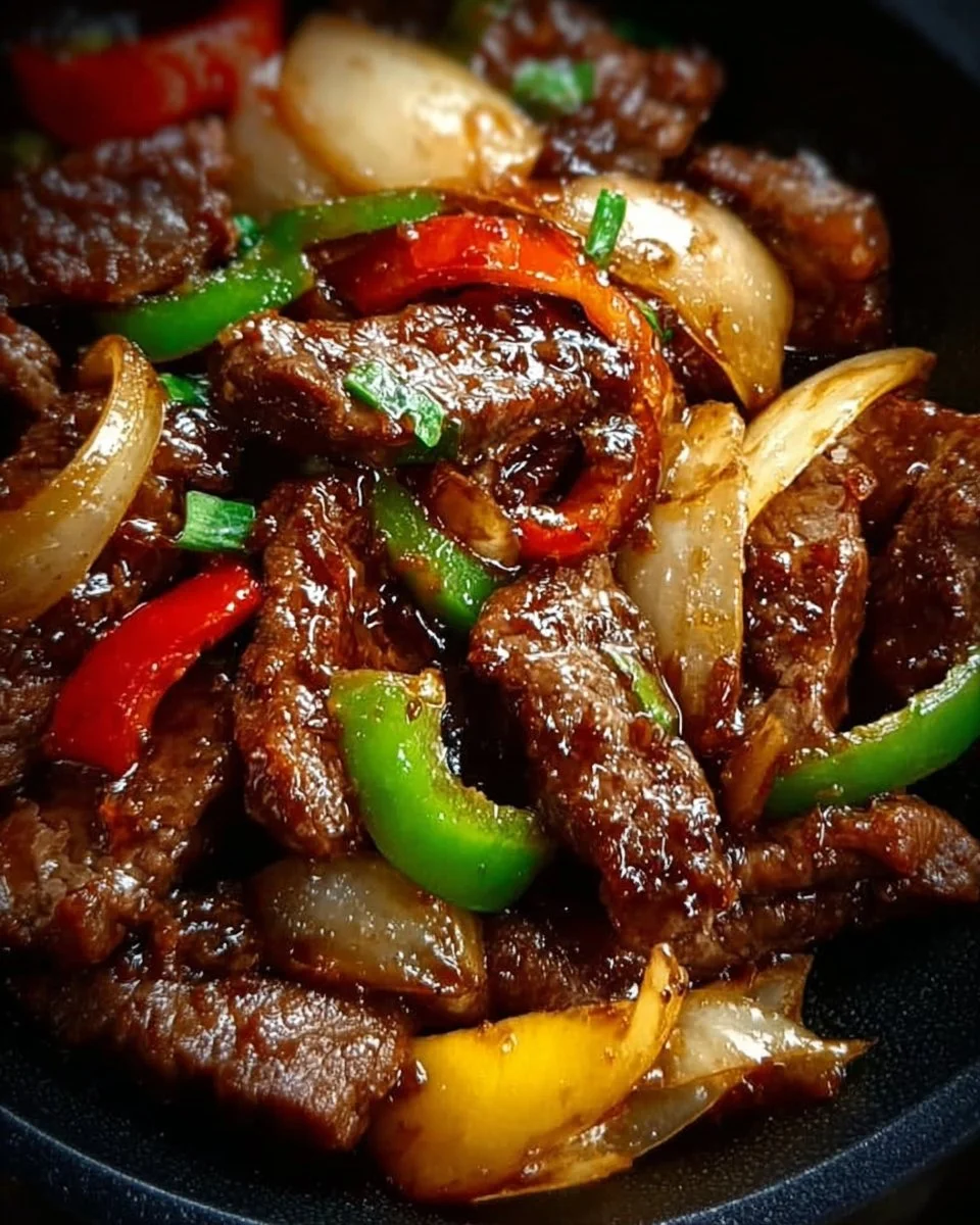 Sizzling Chinese Pepper Steak with Onions served on a plate