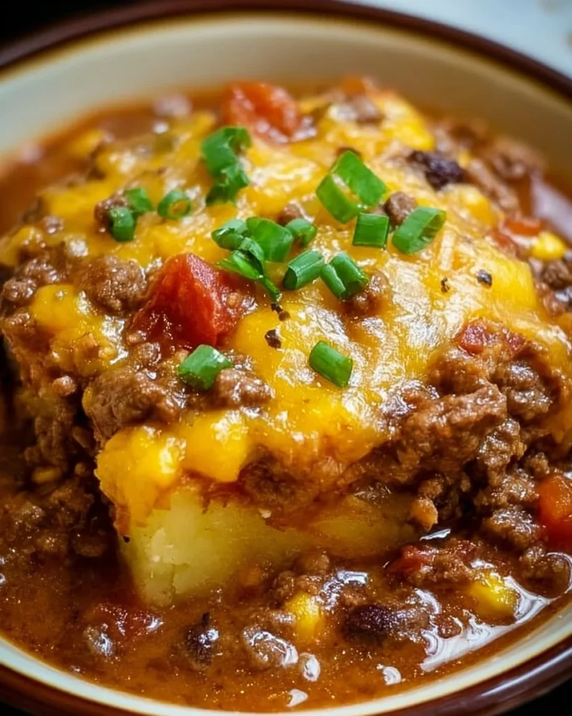 Delicious slow cooker cowboy casserole with beef, beans, and cheese.