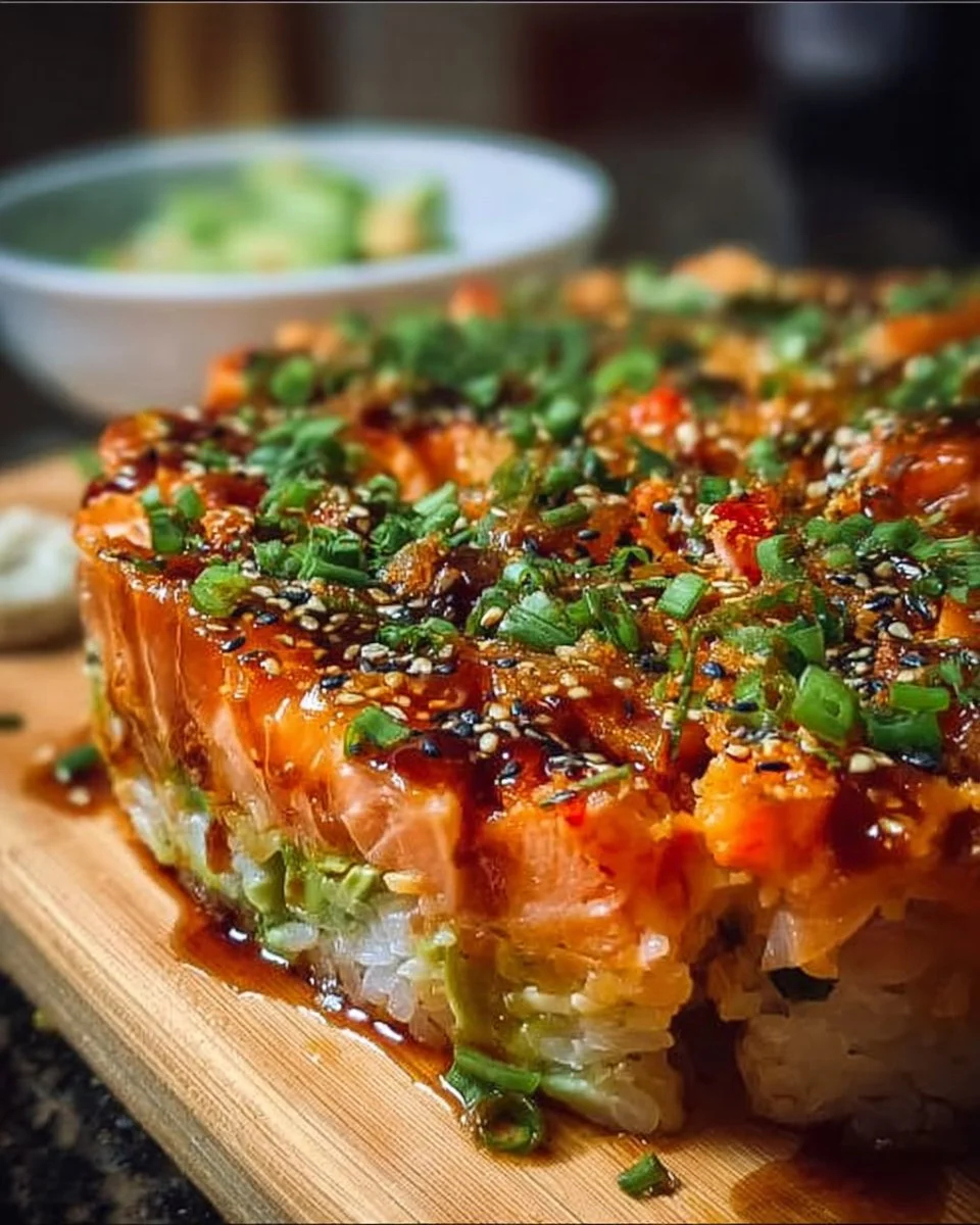 Delicious Spicy Salmon Sushi Bake topped with fresh ingredients and spices