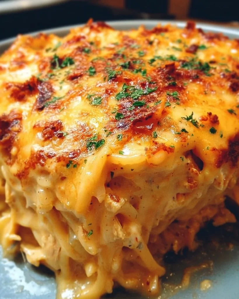 Spicy Southern Cheesy Chicken Spaghetti Casserole topped with cheese and herbs