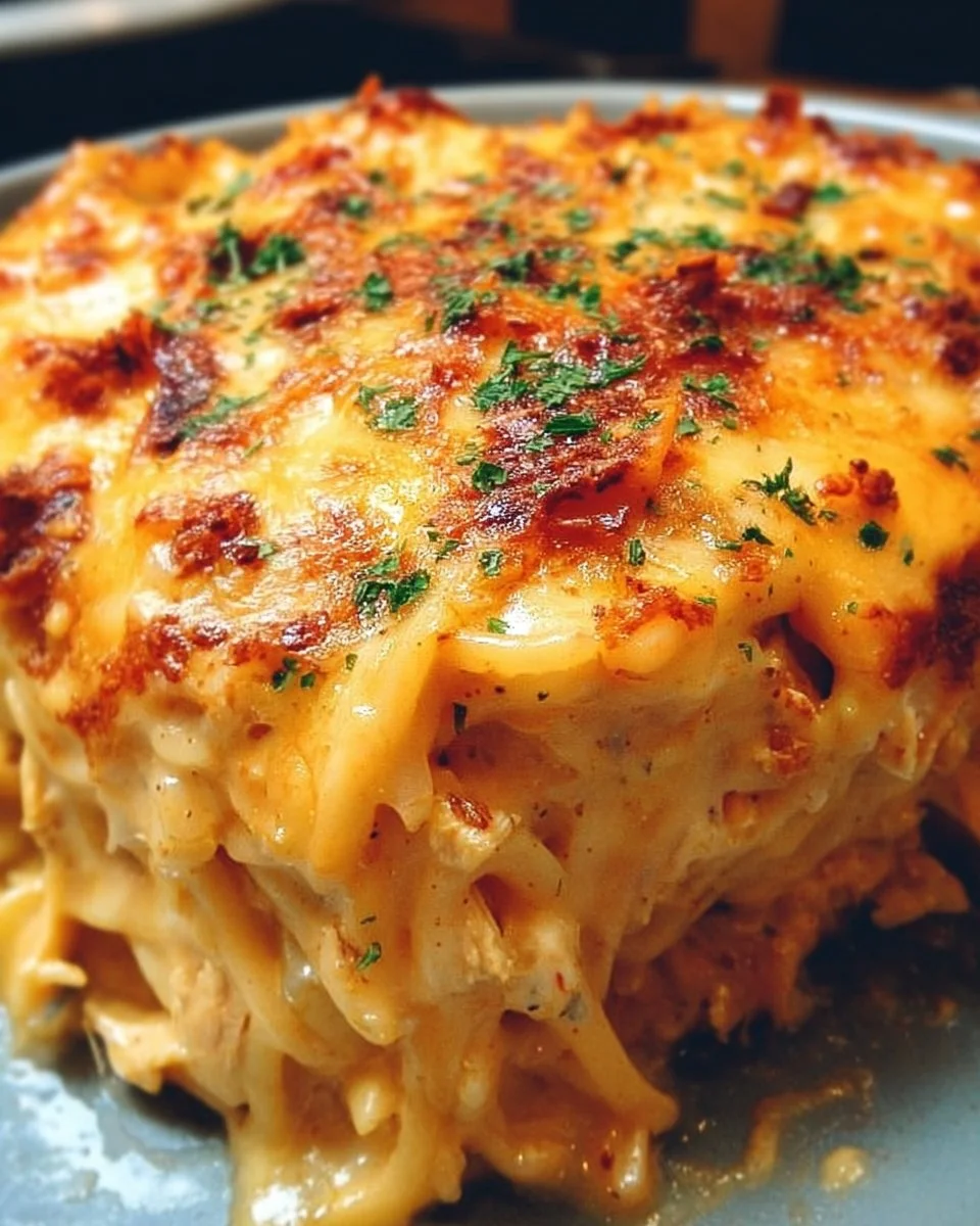 Spicy Southern Cheesy Chicken Spaghetti Casserole topped with cheese and herbs