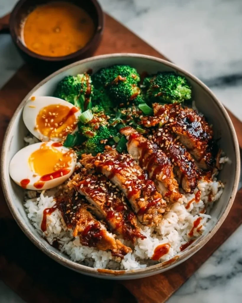 Delicious sticky chicken rice bowls with vibrant veggies and savory sauce