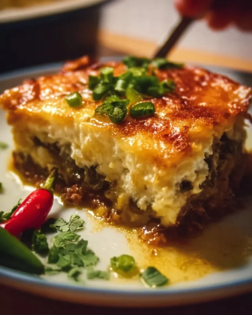 Delicious stuffed chile casserole served on a plate with fresh toppings.