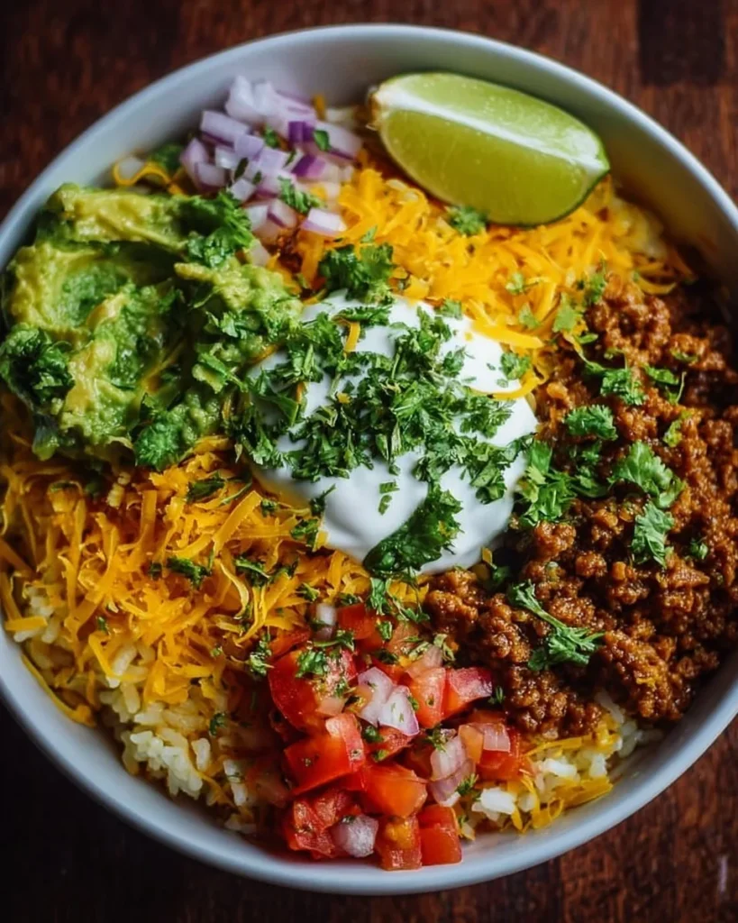 Delicious taco rice bowl served with fresh toppings and a side of salsa
