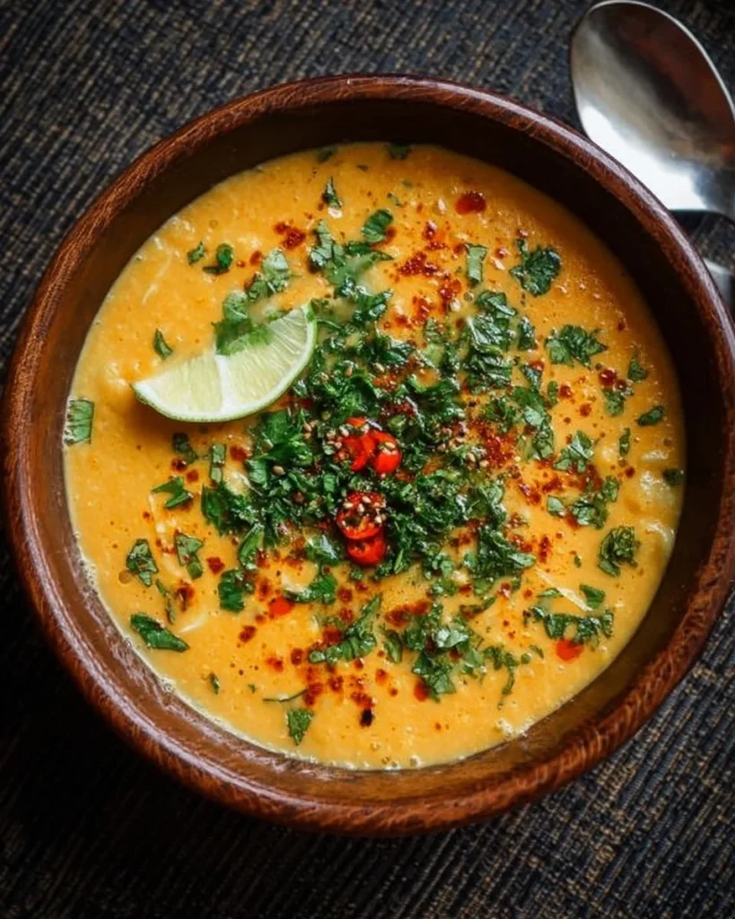 Bowl of Thai Coconut Red Lentil Soup garnished with herbs and spices