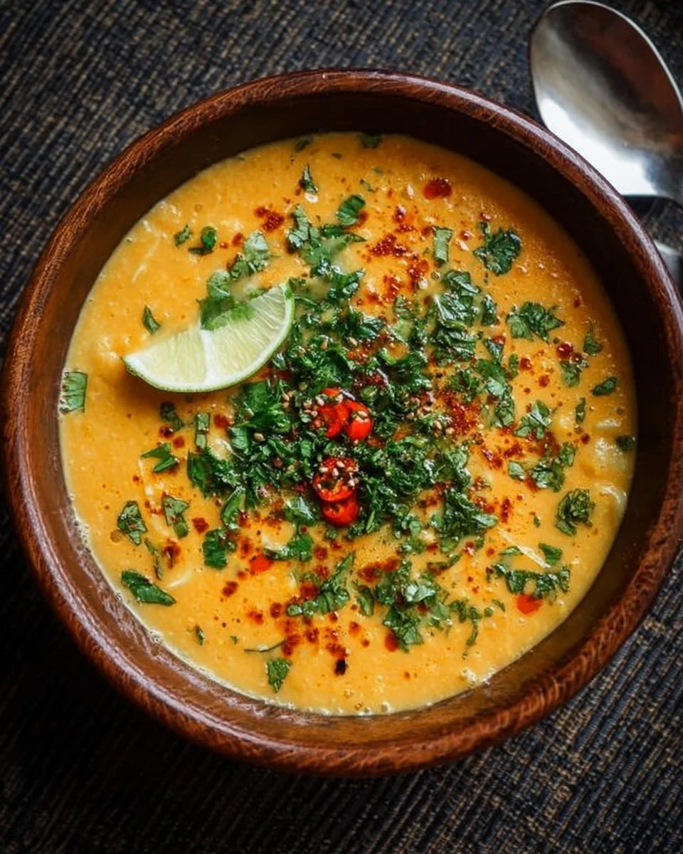 Bowl of Thai Coconut Red Lentil Soup garnished with herbs and spices