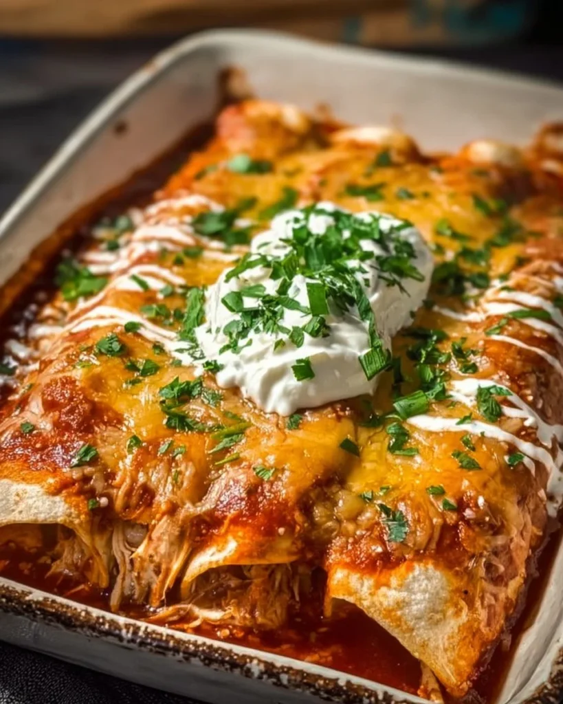 Quick and easy chicken enchiladas topped with cheese and fresh cilantro