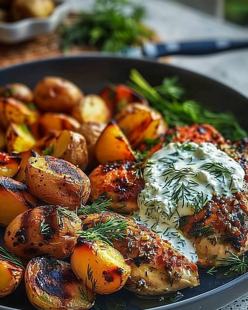 Grilled Chicken with Dill Feta Cream and Baby Potatoes
