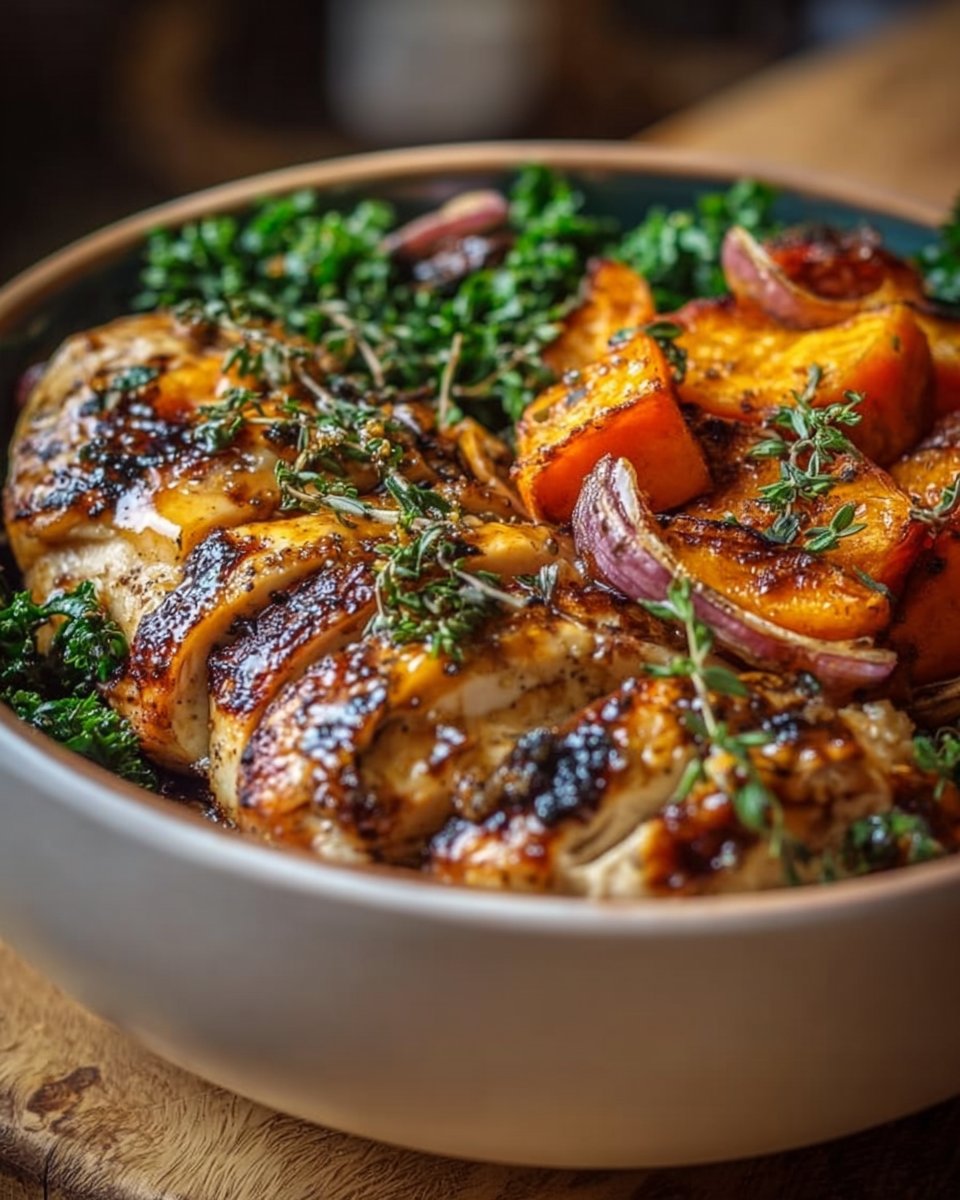 Maple Dijon Chicken & Roasted Sweet Potato Bowl