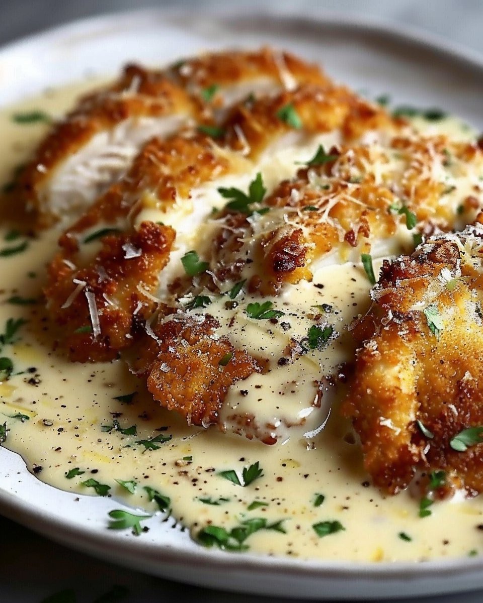 Crispy Parmesan Chicken with Garlic Cream Sauce