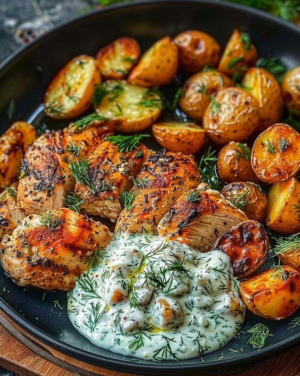 Grilled Chicken with Dill Feta Cream and Baby Potatoes
