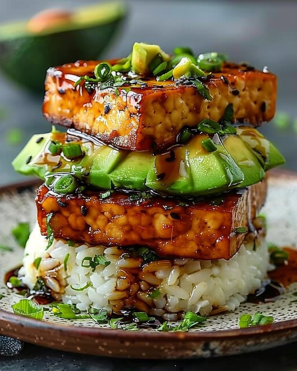 Crispy Teriyaki Tofu and Avocado Rice Stack