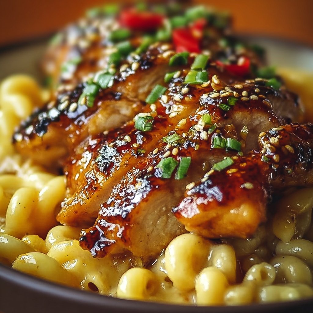 Sweet and Spicy Honey Pepper Chicken with Creamy Mac and Cheese