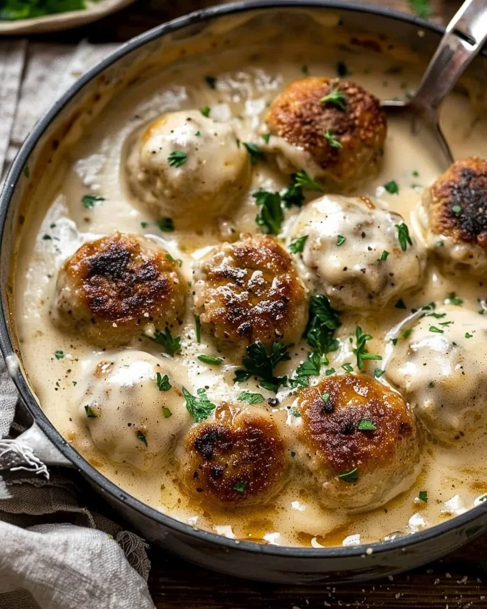 Delicious keto turkey meatballs in a creamy sauce served on a plate