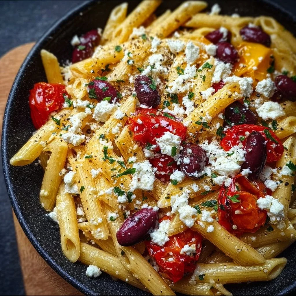 Plate of authentic Greek pasta topped with feta cheese and Mediterranean herbs
