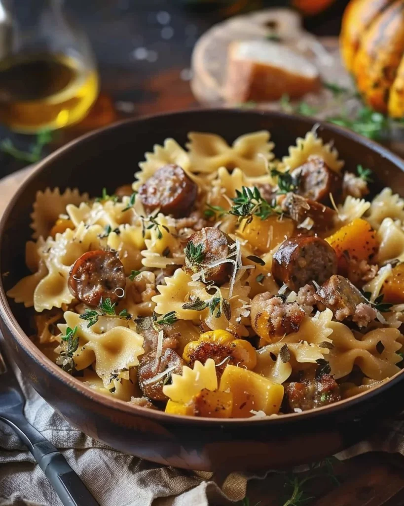Delicious autumn sausage pasta with squash for a hearty meal.