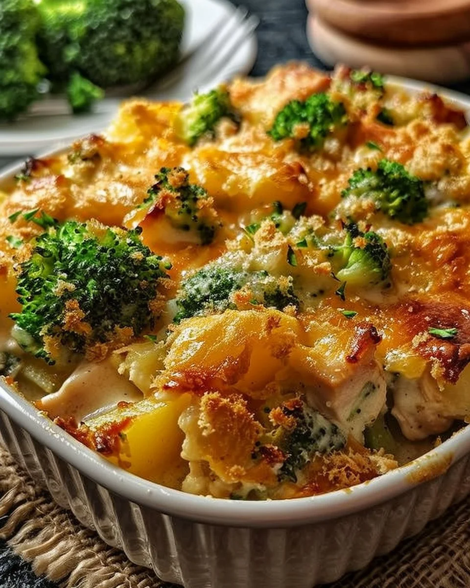 Baked potato casserole with chicken and broccoli served in a baking dish