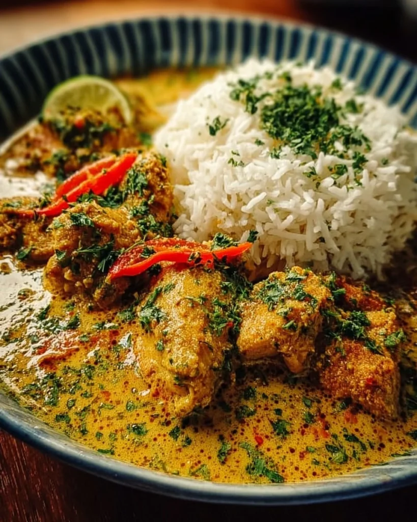 Delicious Brazilian Coconut Chicken served on a plate with vibrant garnish.