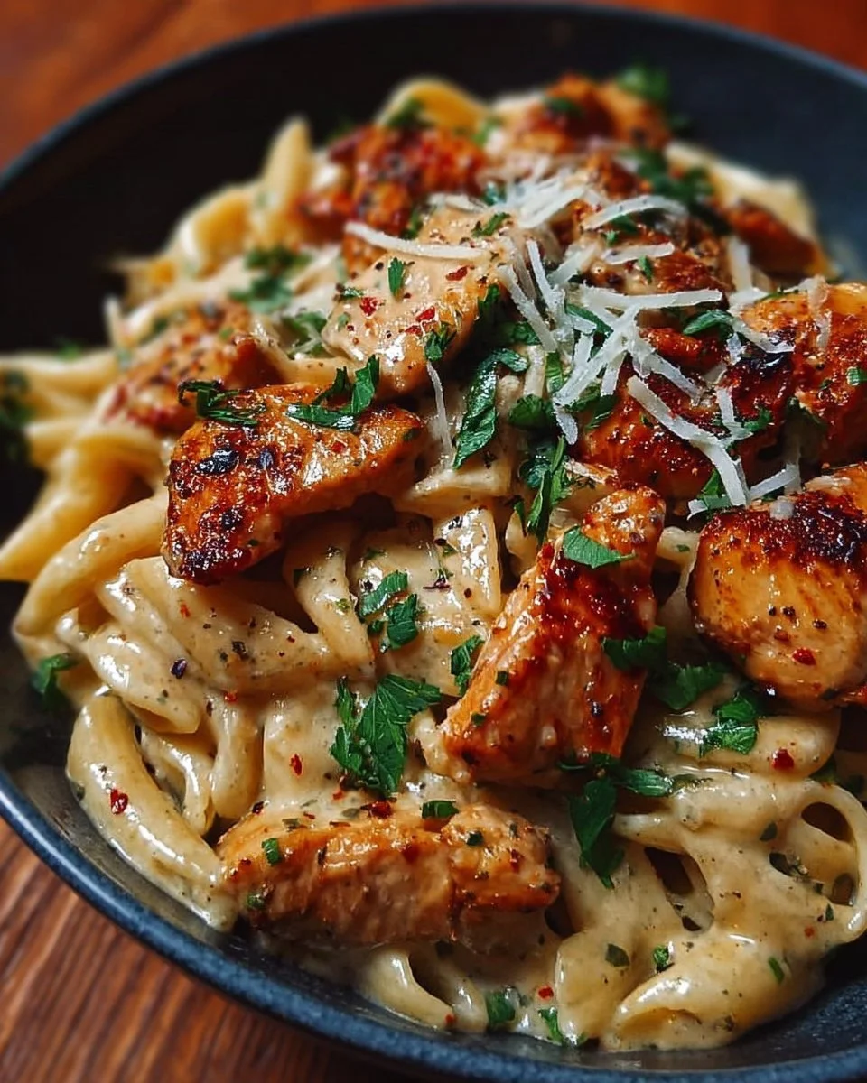 Plate of spicy Cajun Chicken Pasta garnished with herbs and served with bread.