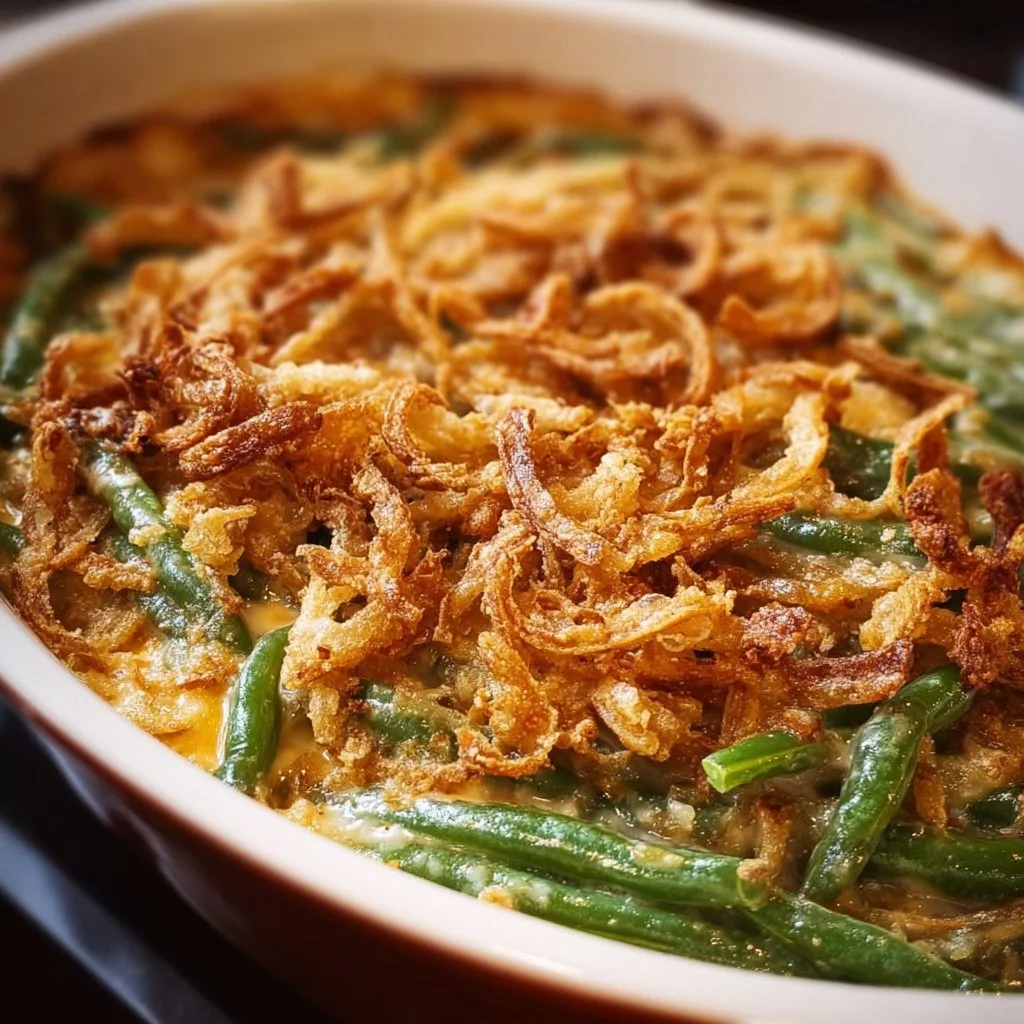 Delicious Campbell's green bean casserole topped with crispy onions