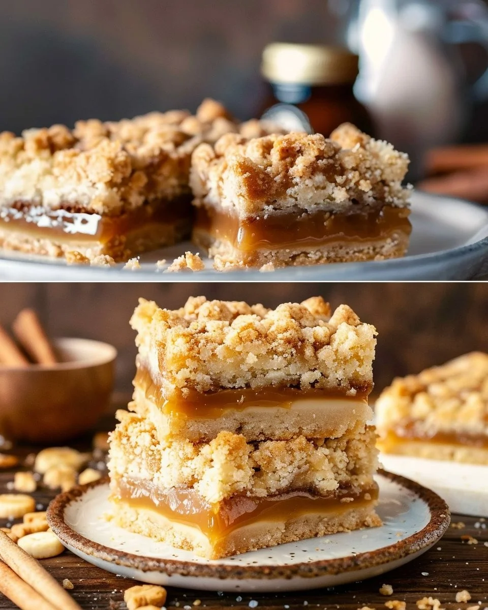Delicious Caramel Crumb Bars topped with rich caramel sauce and buttery crumbs