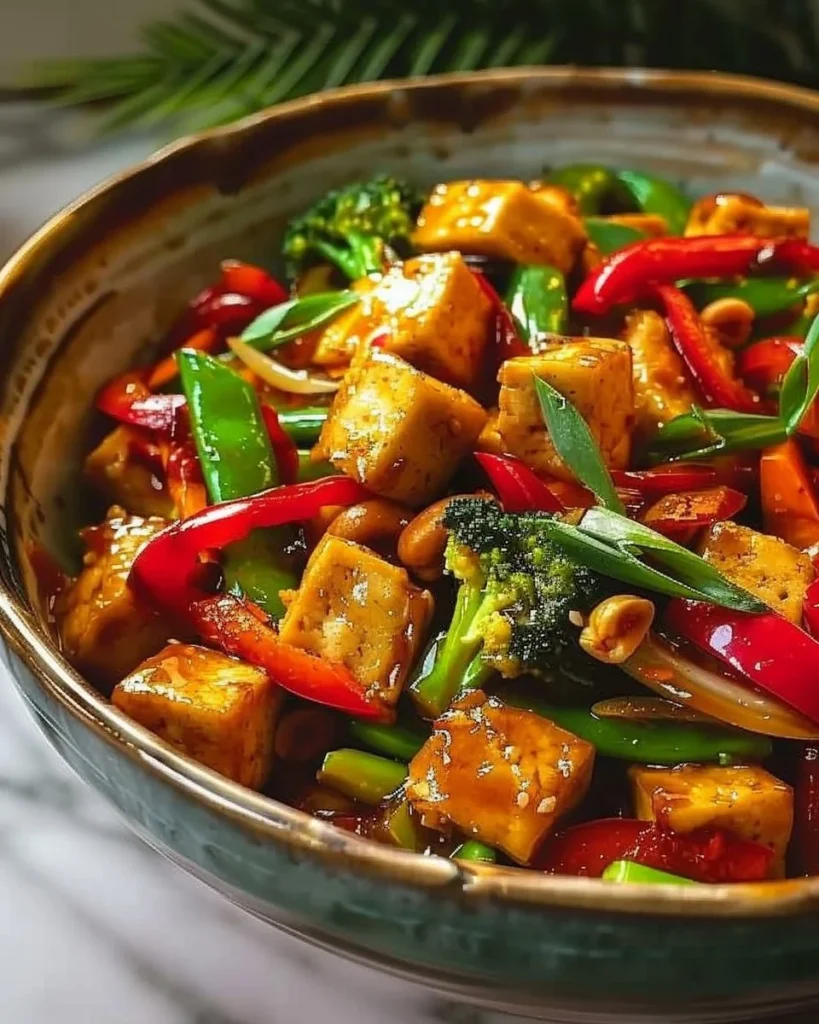 Colorful Cashew Tofu Stir-Fry with fresh vegetables and cashews