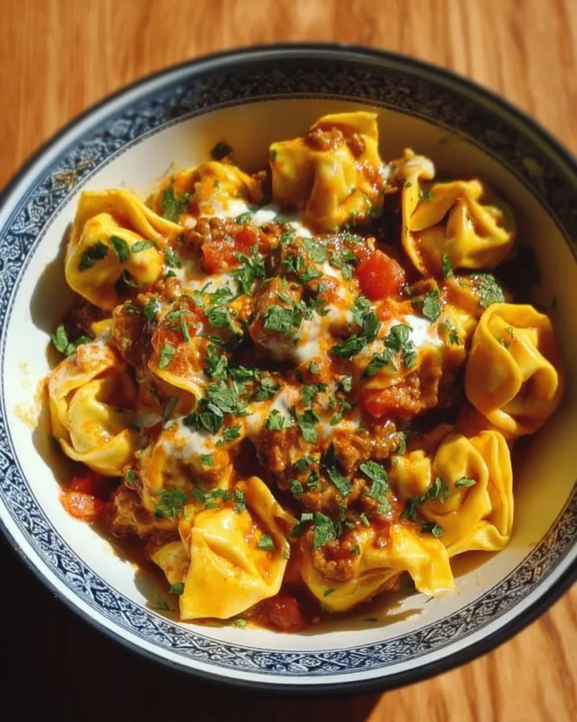 Cheesy taco tortellini served in a bowl with fresh toppings