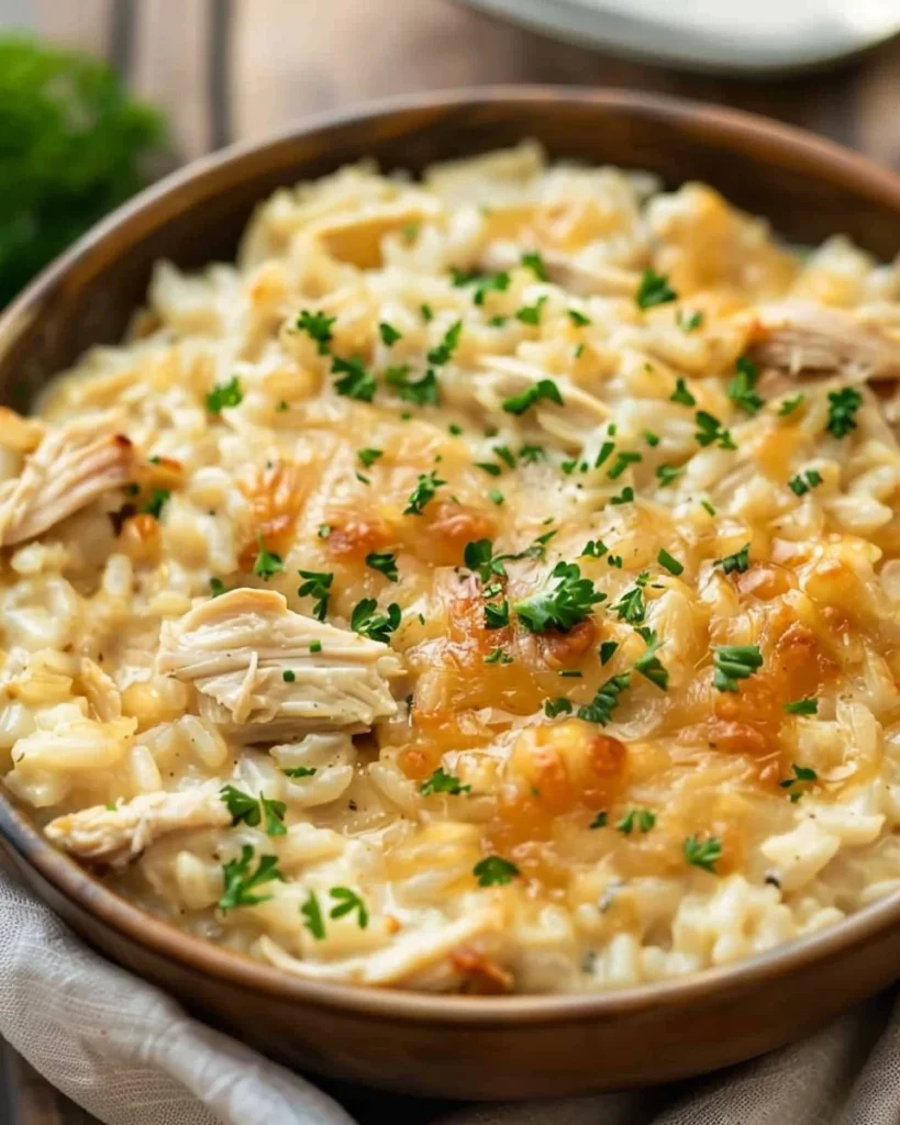 Delicious Chicken and Rice Casserole ready to serve, topped with herbs and cheese.