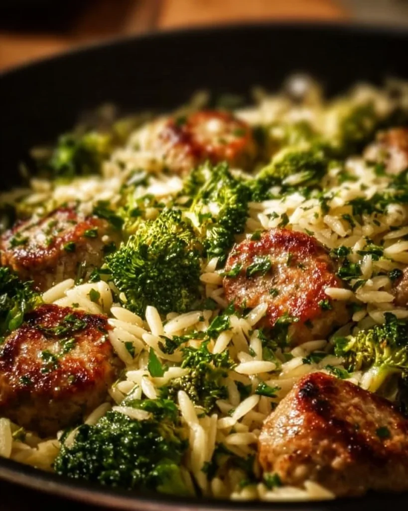 Delicious Chicken Sausage and Broccoli Orzo dish served on a plate
