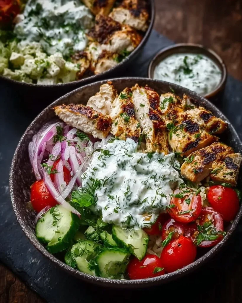 Chicken Tzatziki Bowl with fresh ingredients and tzatziki sauce