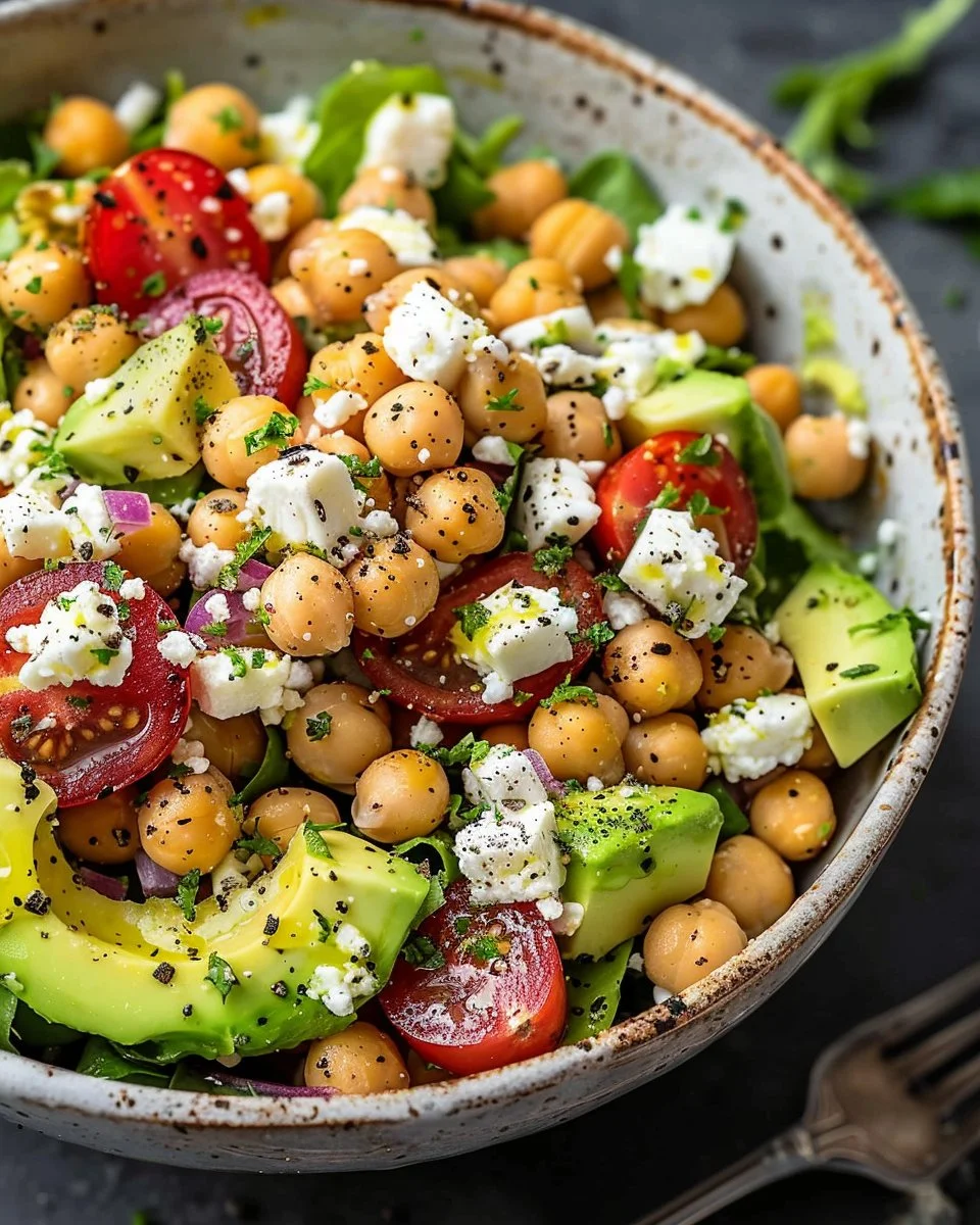 Chickpea Feta Avocado Salad served in a bowl with fresh ingredients