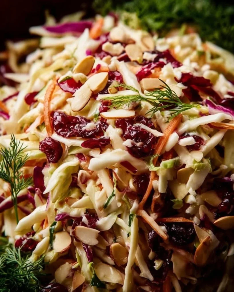 Cranberry Almond Thanksgiving Slaw served in a bowl with fresh ingredients