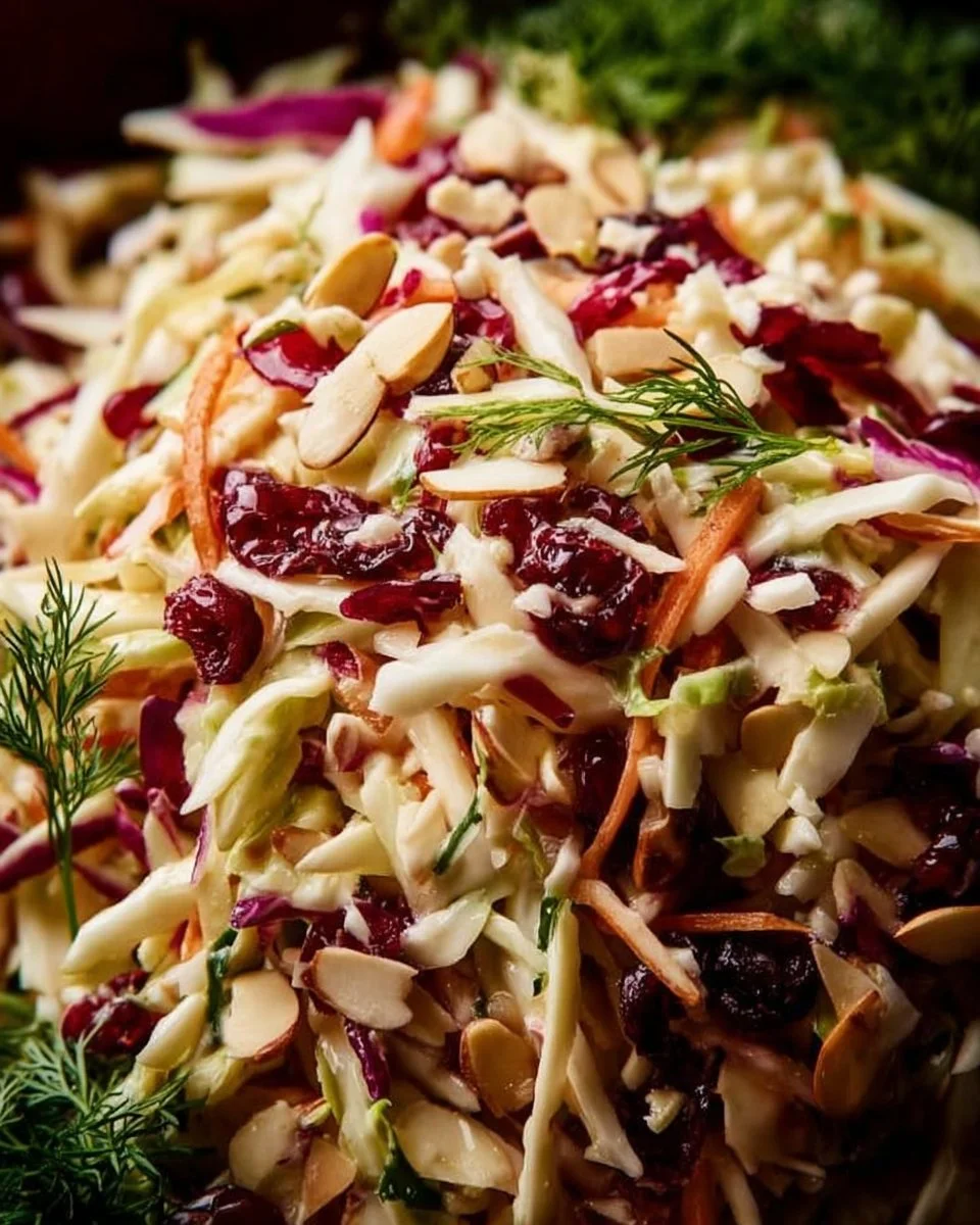 Cranberry Almond Thanksgiving Slaw Recipe 1 Cranberry Almond Thanksgiving Slaw served in a bowl with fresh ingredients