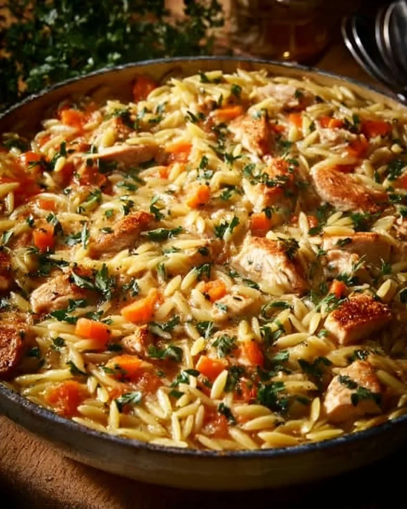 Creamy Chicken Pot Pie Orzo with vegetables in a bowl