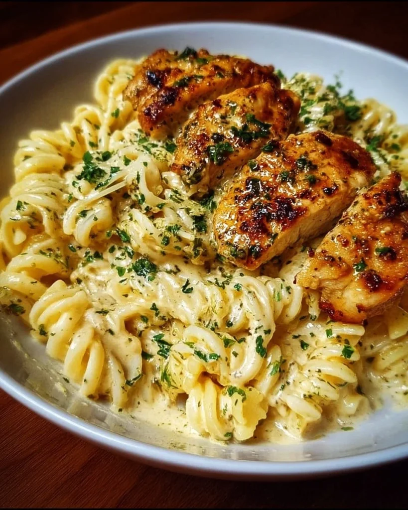 Plate of creamy Garlic Parmesan Chicken Pasta garnished with herbs