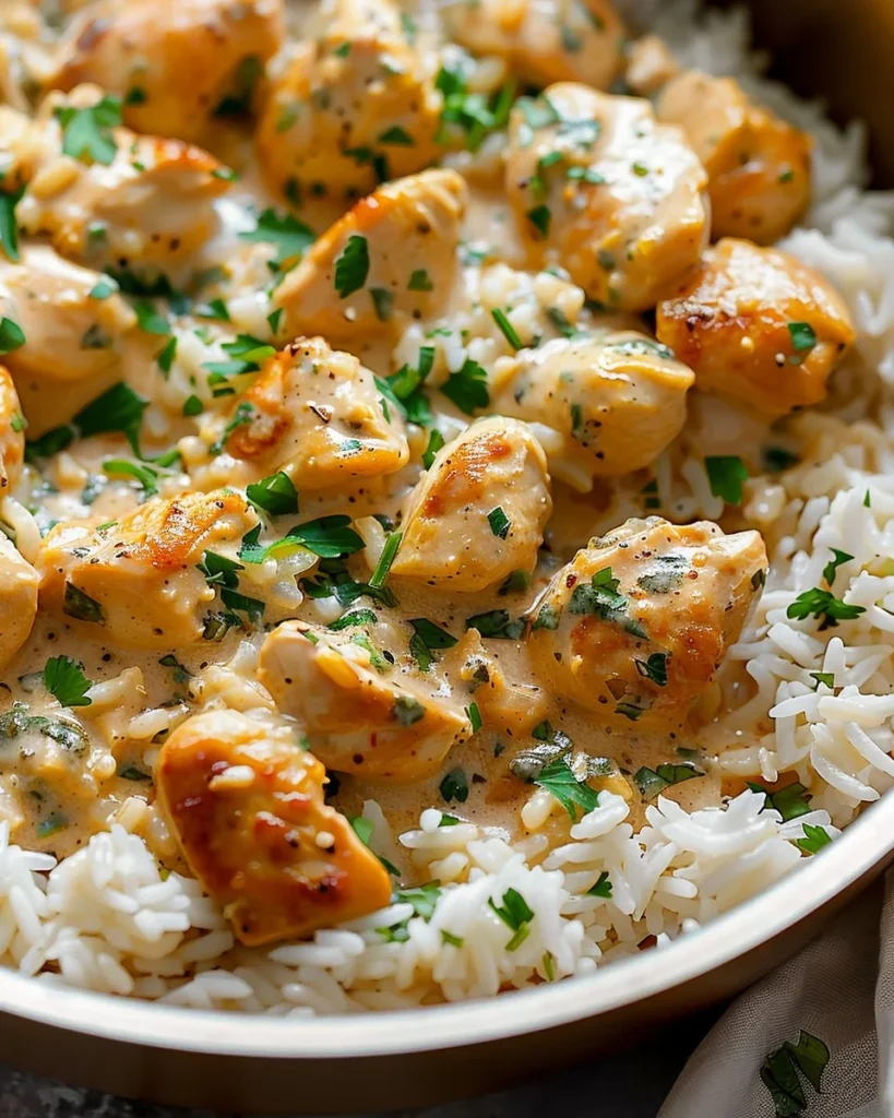 Creamy herb chicken dish served with basmati rice