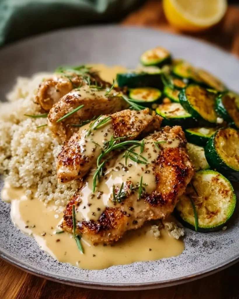 Creamy lemon butter chicken served with crispy zucchini on a plate