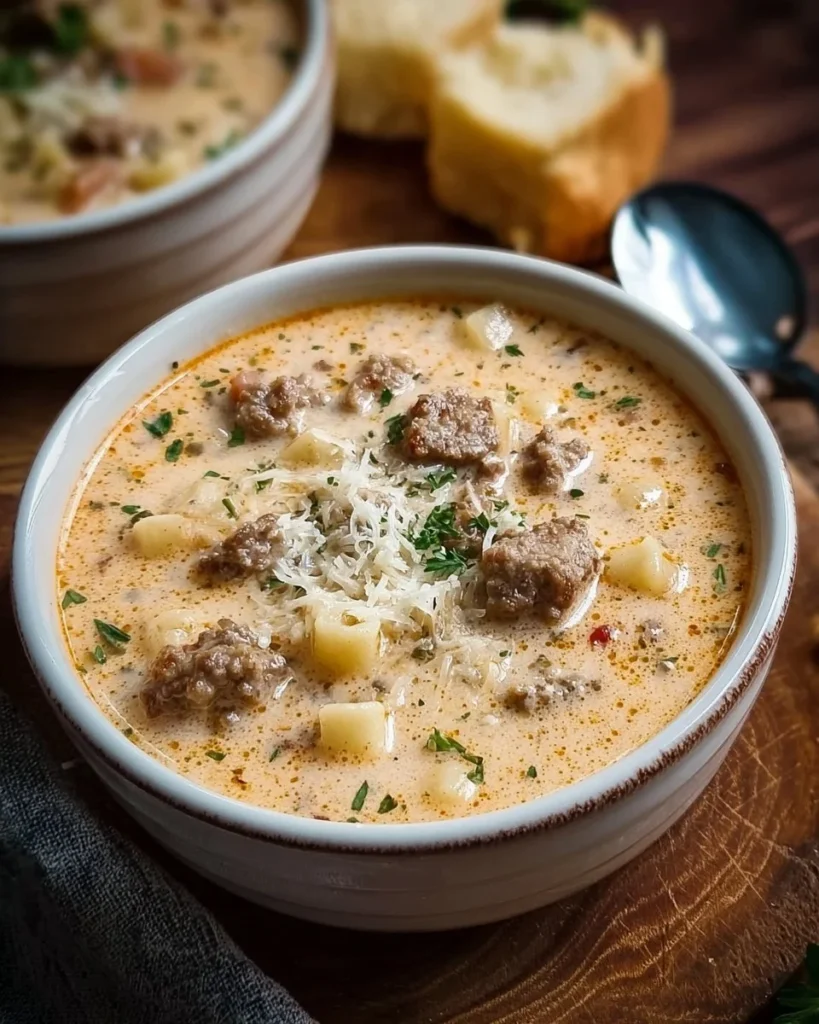 Creamy Parmesan Italian Beef Sausage Soup in a bowl with herbs garnishing
