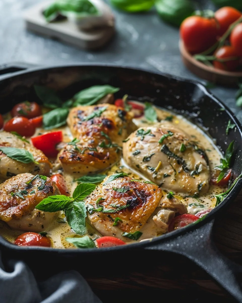 Creamy Tuscan Chicken 1 Creamy Tuscan Chicken served on a plate with herbs and sauce