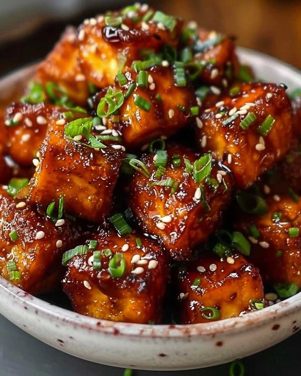 Crispy honey garlic tofu served with vegetables on a plate