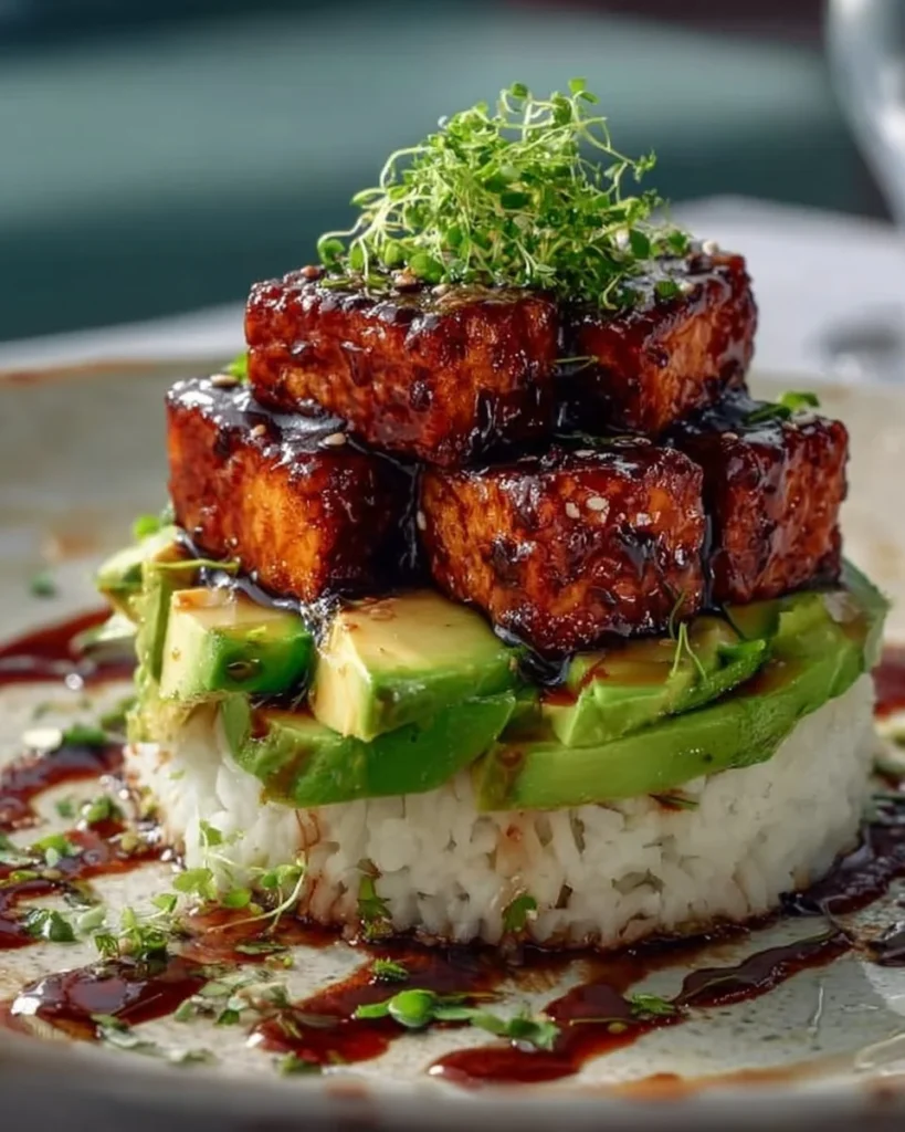 Crispy Teriyaki Tofu layered with avocado and rice in a delicious stack