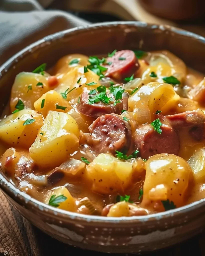 Crockpot cheesy potatoes and kielbasa dish ready to serve