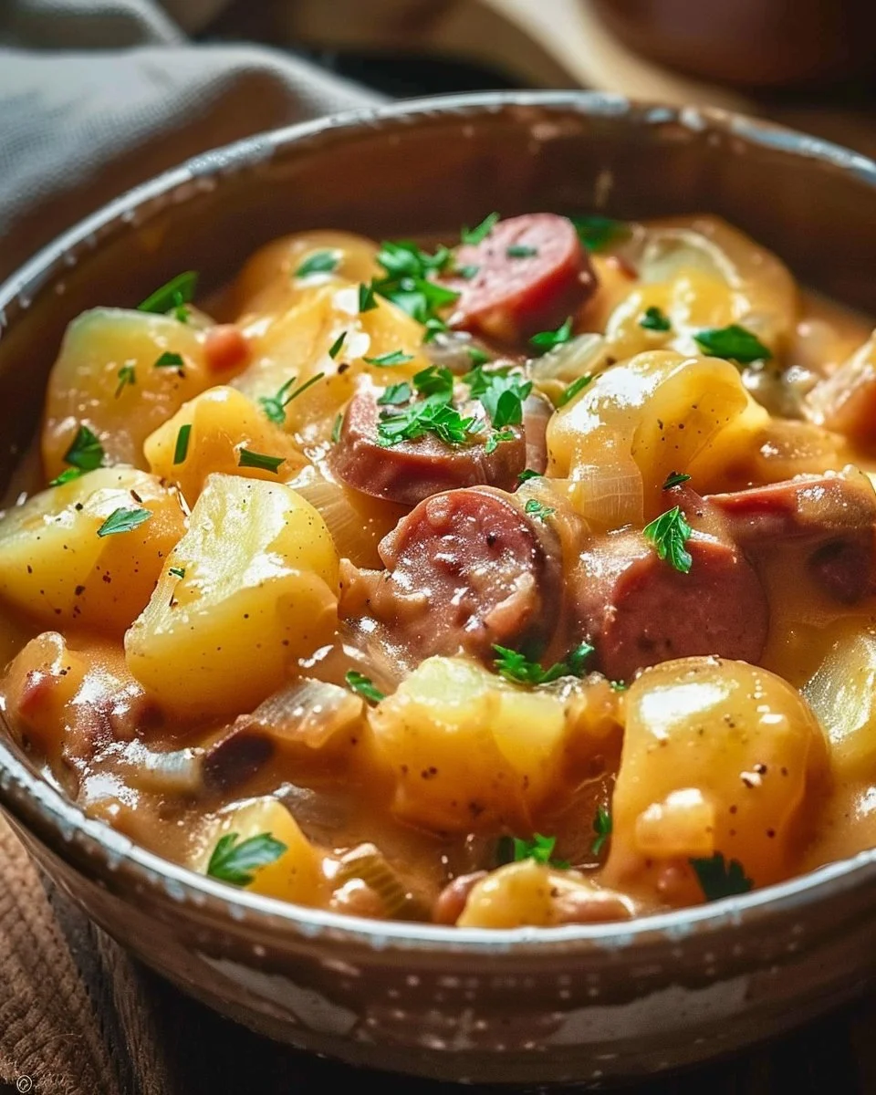 Crockpot cheesy potatoes and kielbasa dish ready to serve