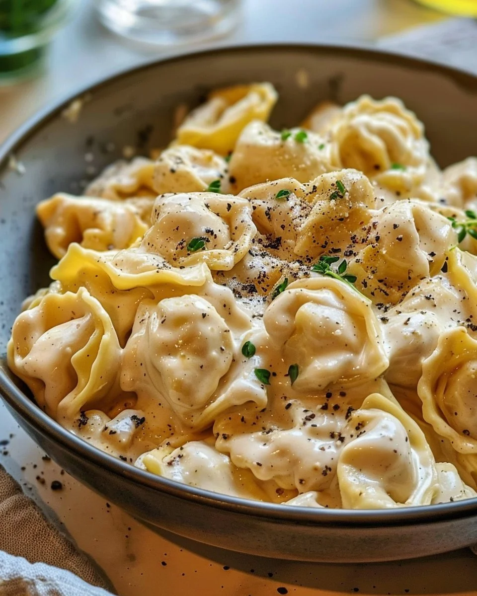 Creamy Chicken Alfredo Tortellini cooked in a crockpot, garnished with parsley.